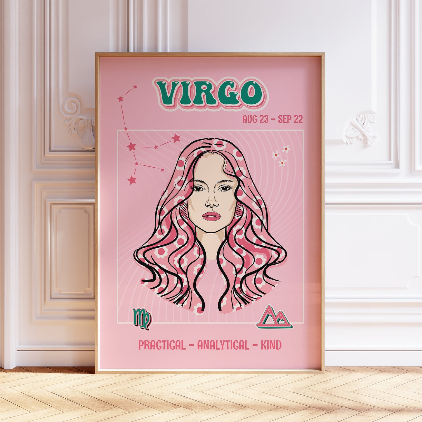 Virgo zodiac print retro style framed mockup trendy living room