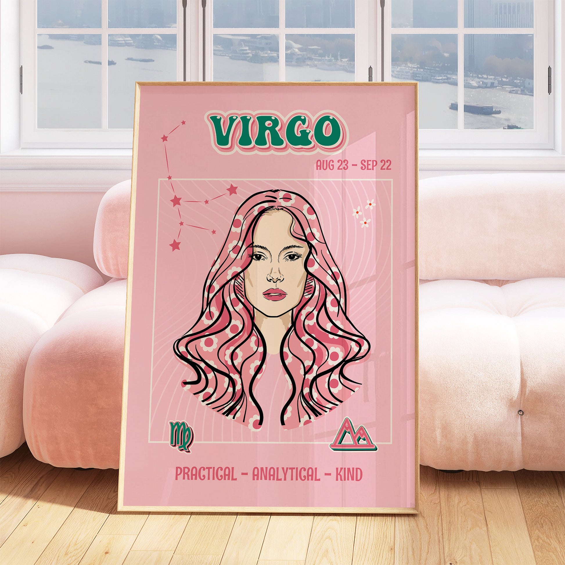 Virgo zodiac print retro style framed mockup trendy living room