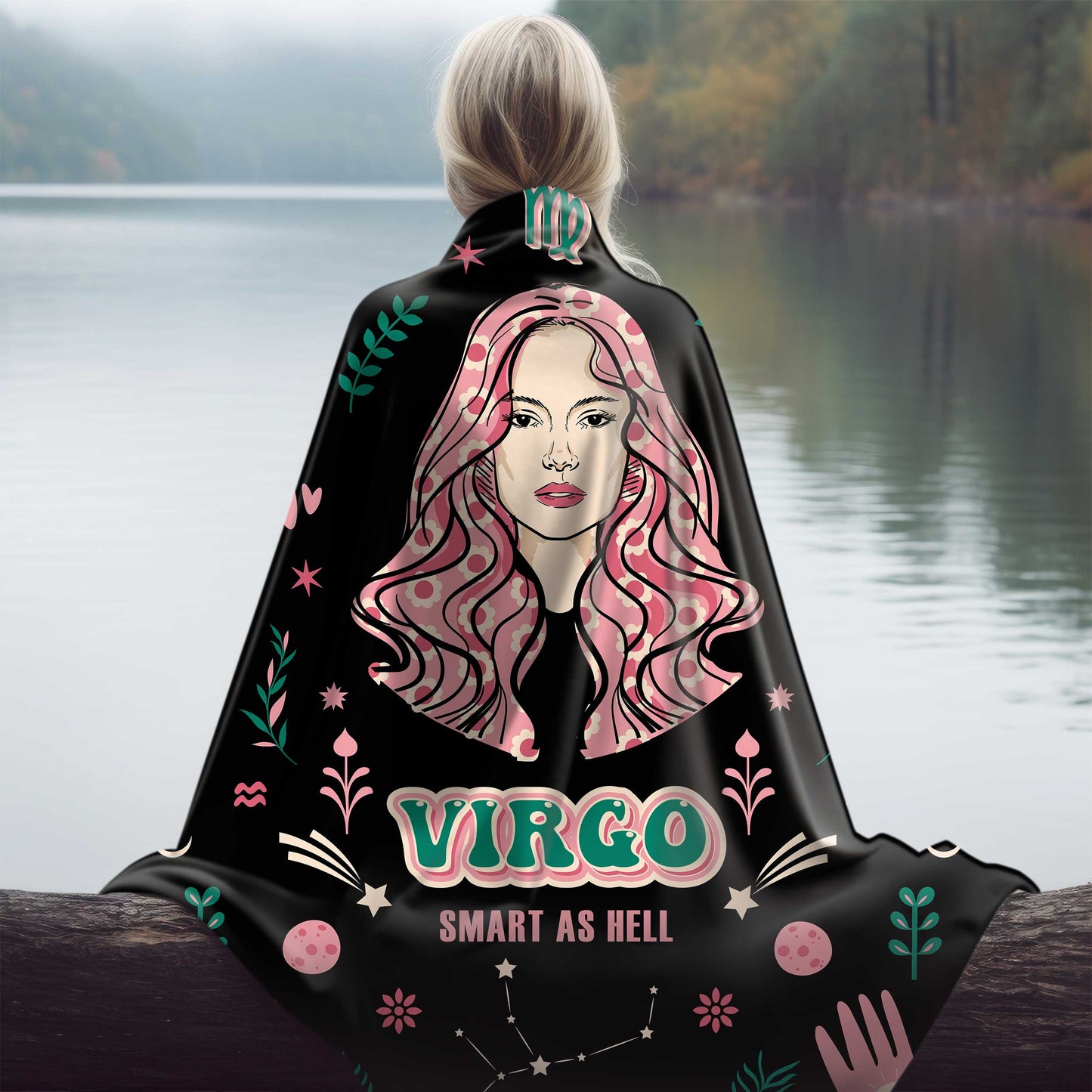 Virgo zodiac sherpa blanket draped over girl by river